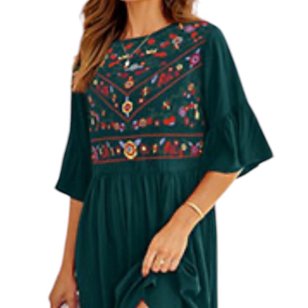 Kirundo Boho Green Embellished Mini Dress with Flutter Sleeves Soft Viscose